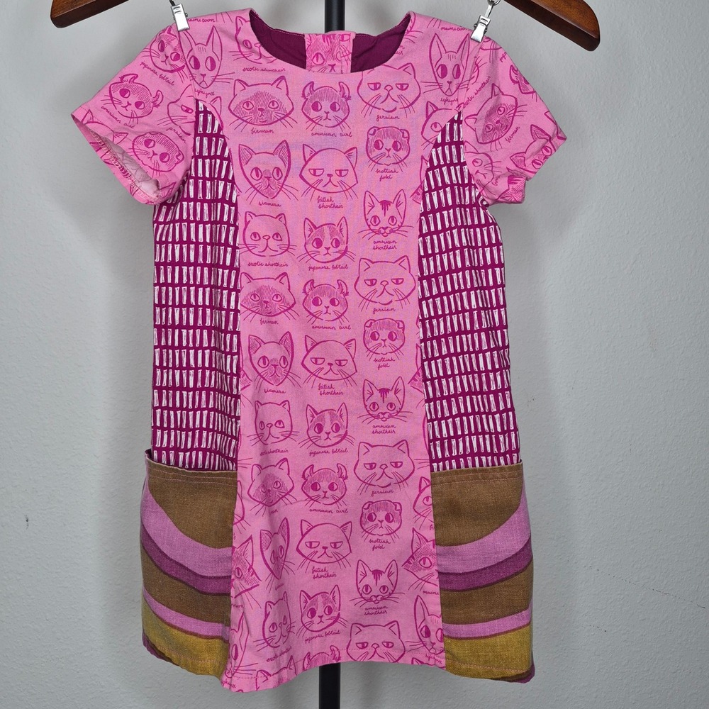 Prairie Plane Threads Pink Cat Print Handmade Pocket Dress Size 3 One of a Kind